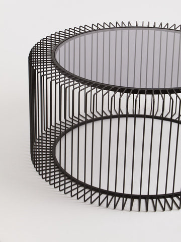 Tempered Glass Top Round Coffee Table with Black Wireframe Cage Design Base, Trento