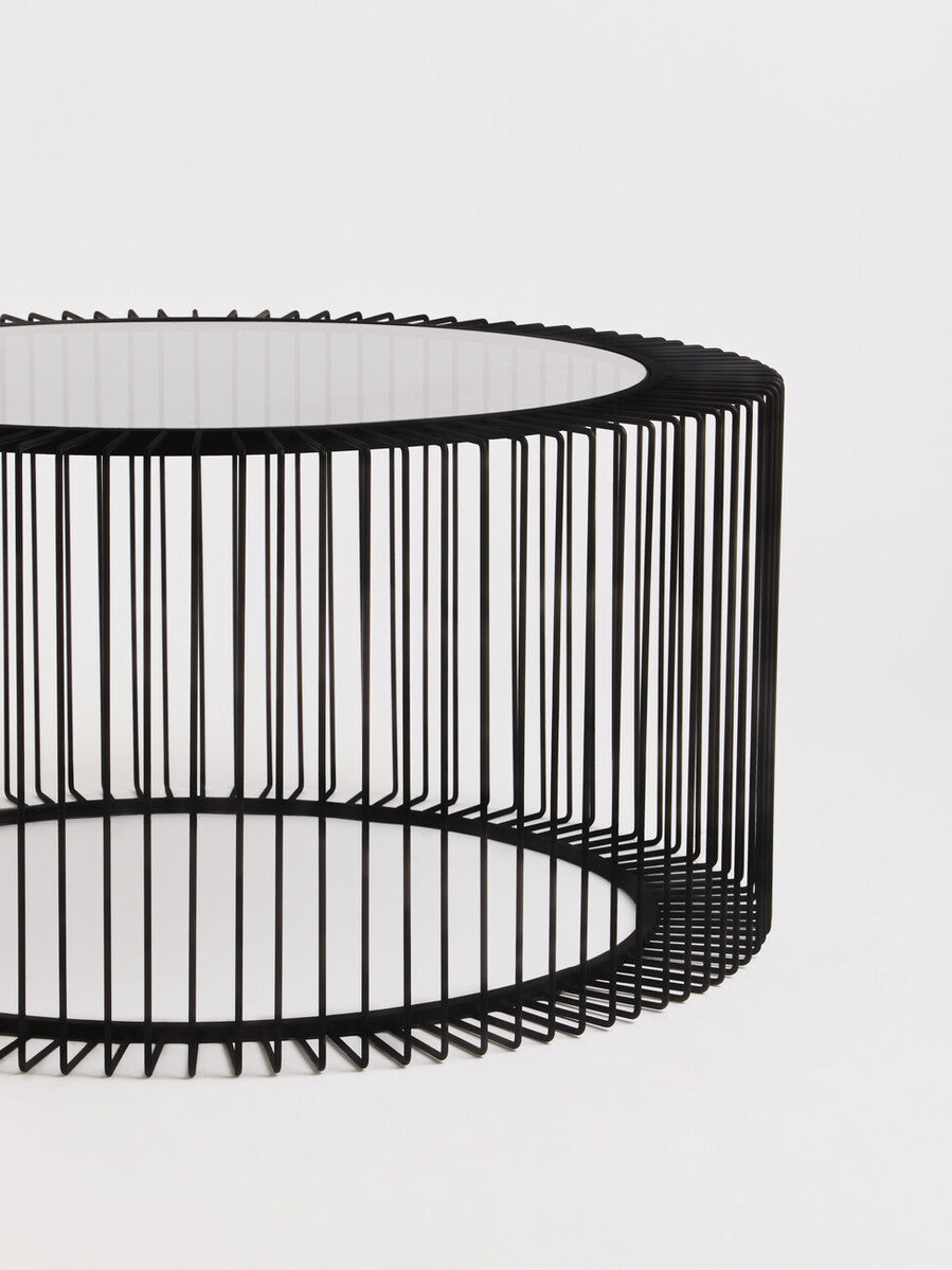 Tempered Glass Top Round Coffee Table with Black Wireframe Cage Design Base, Trento