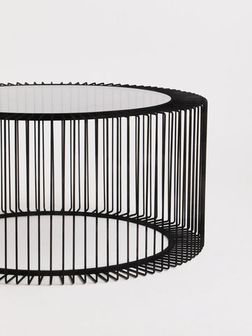 Tempered Glass Top Round Coffee Table with Black Wireframe Cage Design Base, Trento