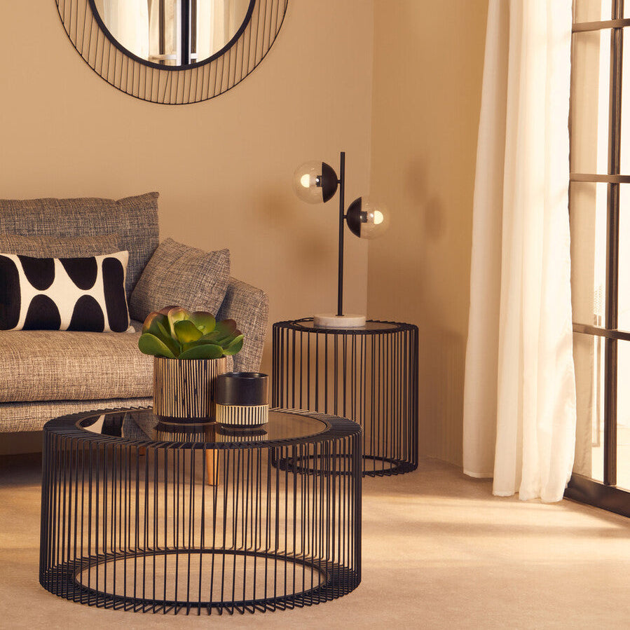 Tempered Glass Top Round Coffee Table with Black Wireframe Cage Design Base, Trento
