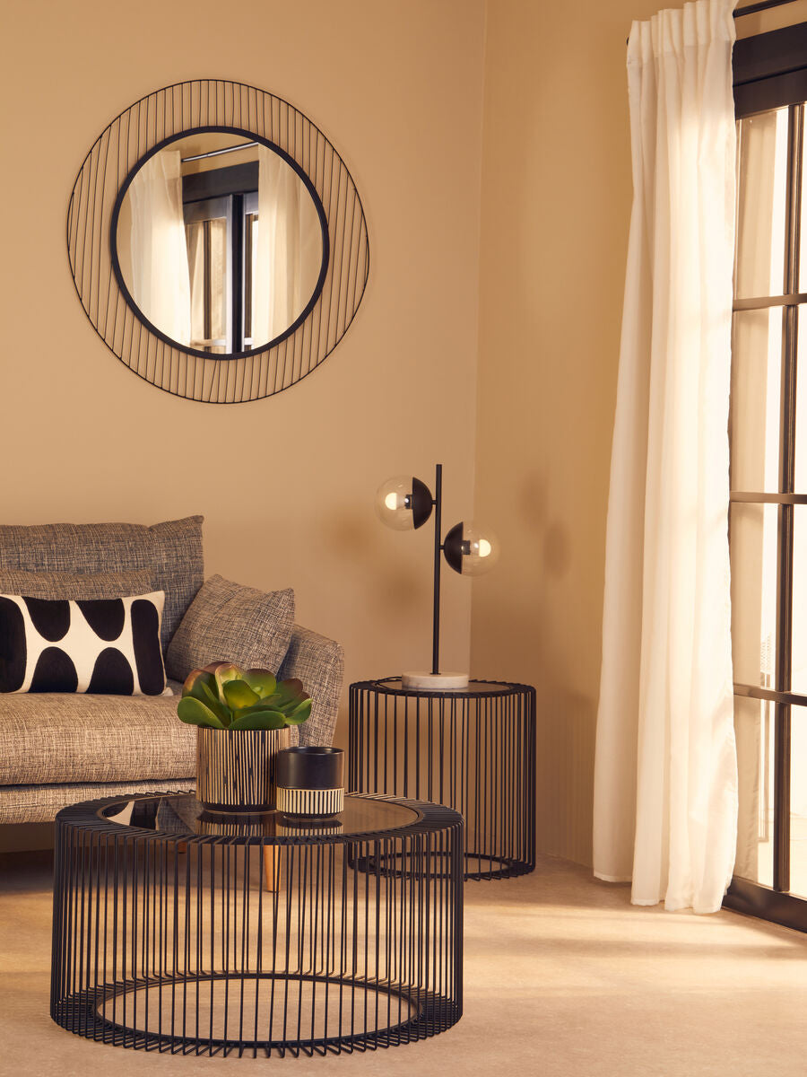 Tempered Glass Top Round Coffee Table with Black Wireframe Cage Design Base, Trento