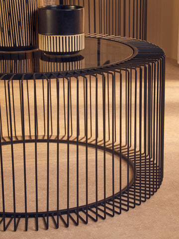 Tempered Glass Top Round Coffee Table with Black Wireframe Cage Design Base, Trento