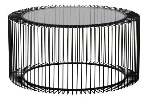 Tempered Glass Top Round Coffee Table with Black Wireframe Cage Design Base, Trento