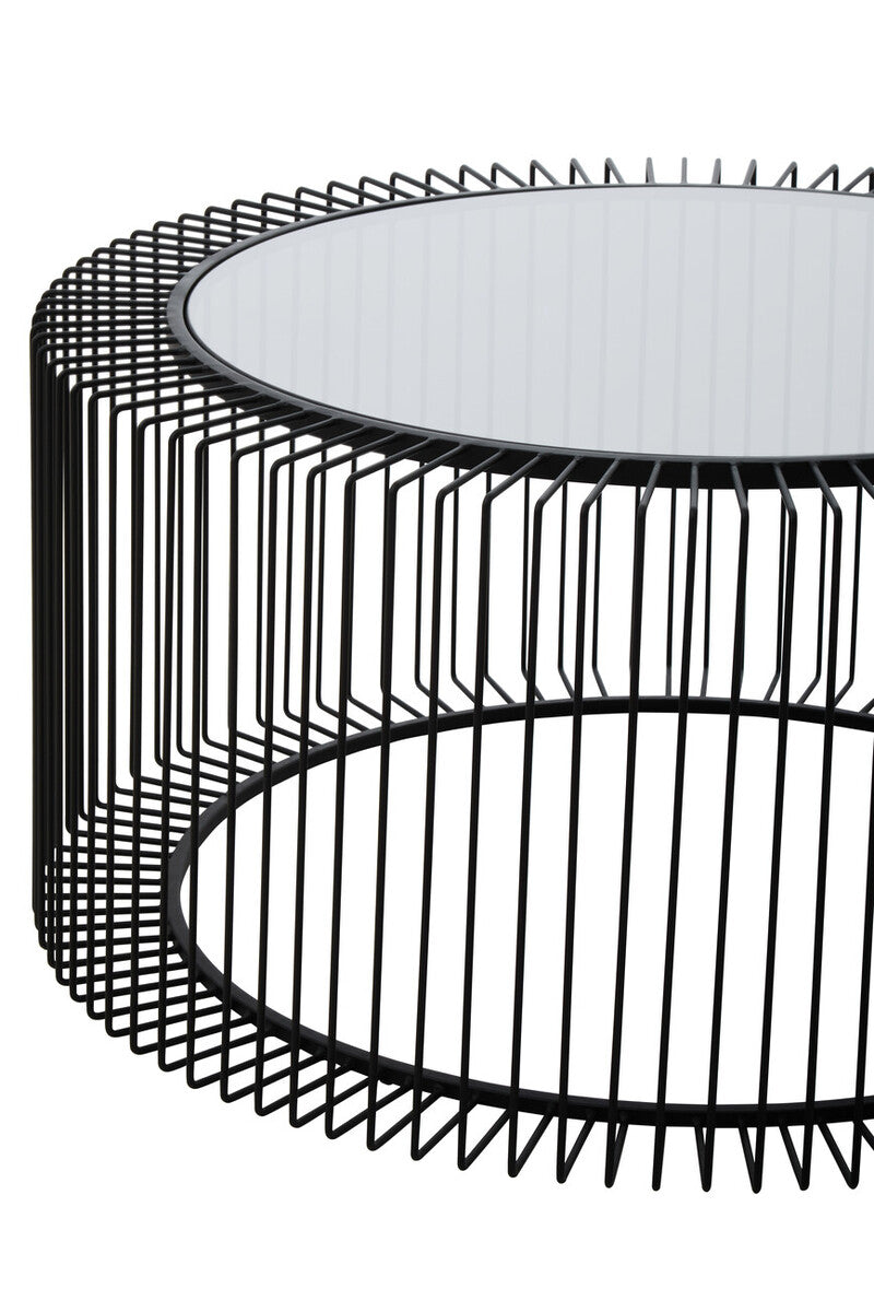 Tempered Glass Top Round Coffee Table with Black Wireframe Cage Design Base, Trento