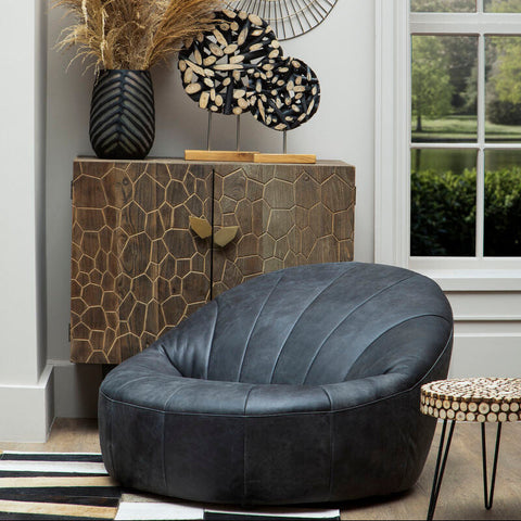 Hoxton Antique Black Leather Lounge Cocoon Chair
