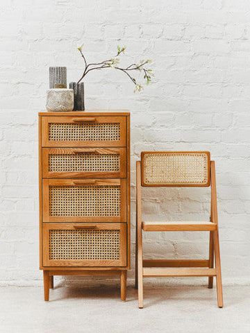 Lyon Rattan and Oak Wood Chest of Four Drawers