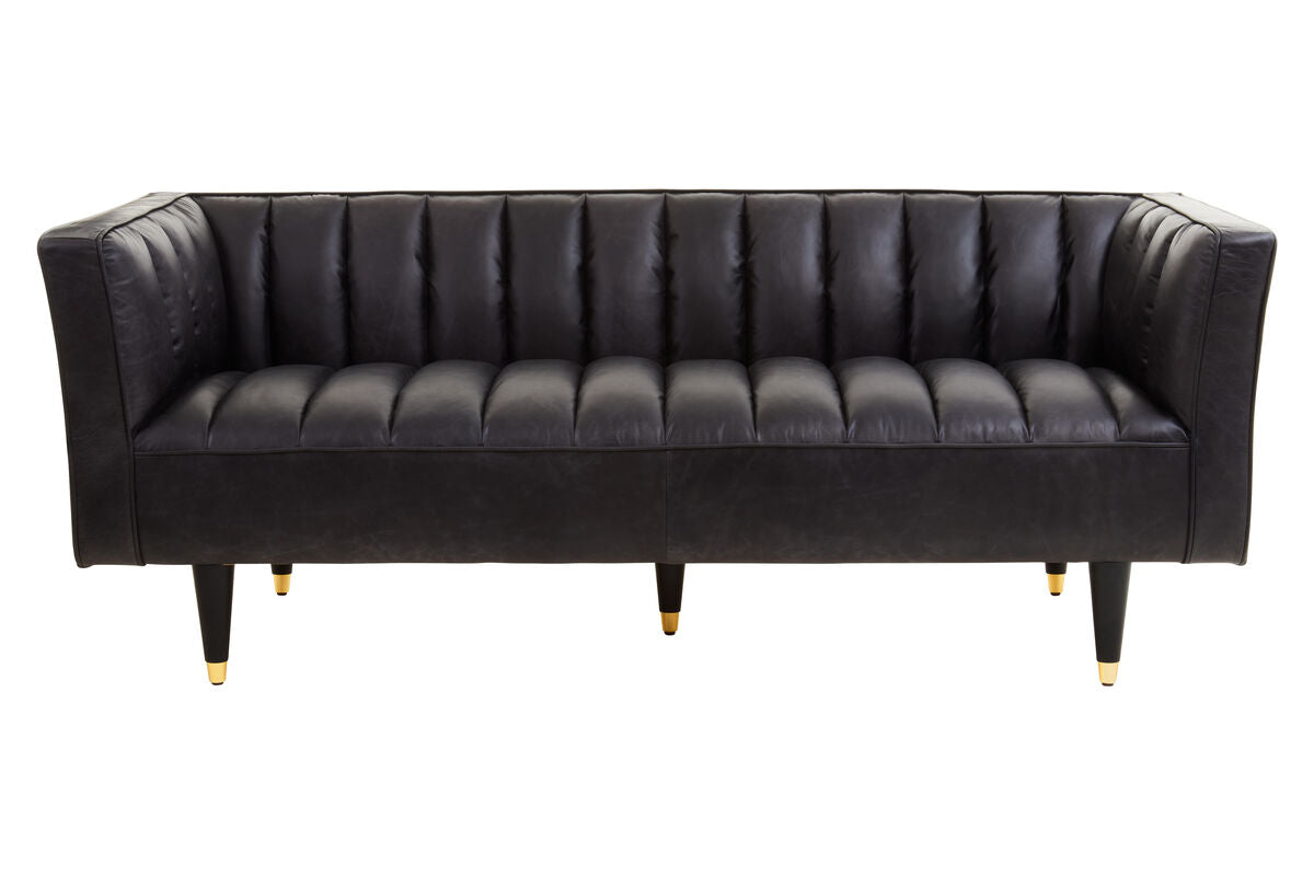 King Three Seater Black Leather Sofa With Flared Arms