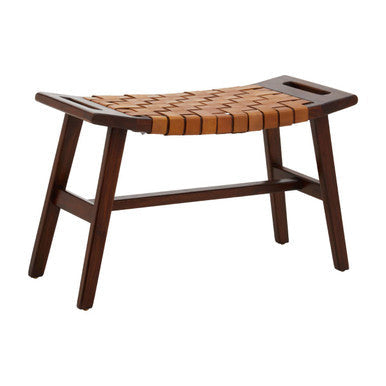 Inca Tan Leather and Teak Wood Stool with Lattice Design