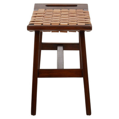 Inca Tan Leather and Teak Wood Stool with Lattice Design