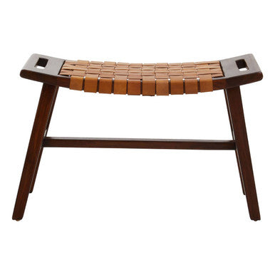 Inca Tan Leather and Teak Wood Stool with Lattice Design