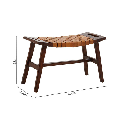 Inca Tan Leather and Teak Wood Stool with Lattice Design