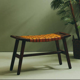 Inca Tan Leather and Teak Wood Stool with Lattice Design