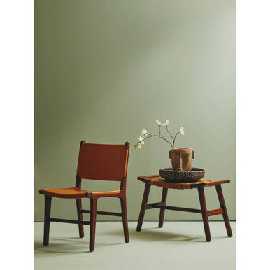 Inca Tan Leather and Teak Wood Stool with Lattice Design