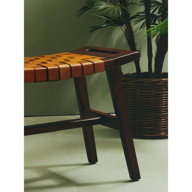 Inca Tan Leather and Teak Wood Stool with Lattice Design