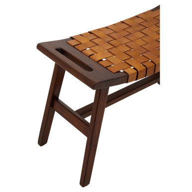 Inca Tan Leather and Teak Wood Stool with Lattice Design