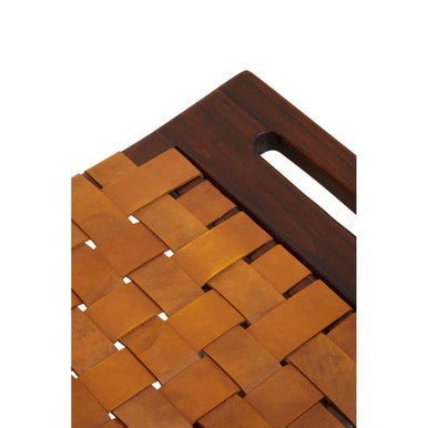 Inca Tan Leather and Teak Wood Stool with Lattice Design