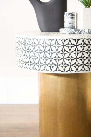 Fusion Bone Inlay Round Side Table with Gold Base