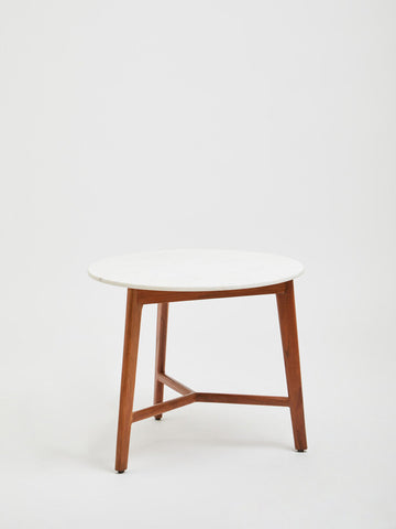 Myan Acacia Wood and White Marble Round Side Table