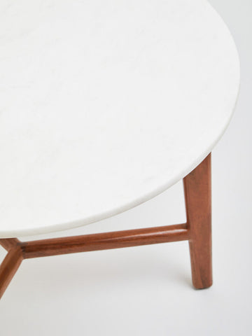Myan Acacia Wood and White Marble Round Side Table