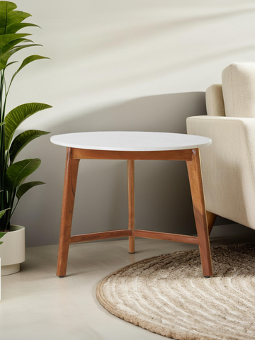 Myan Acacia Wood and White Marble Round Side Table