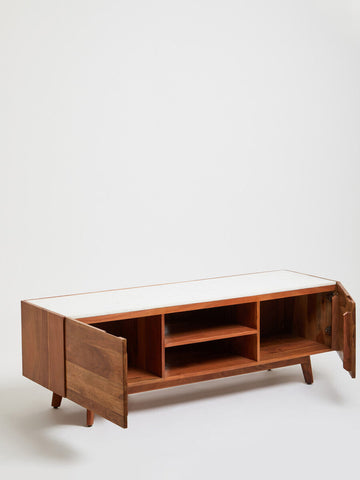 Myan Acacia Wood and White Marble Media Unit