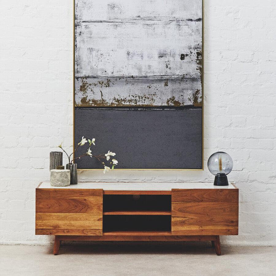 Myan Acacia Wood and White Marble Media Unit
