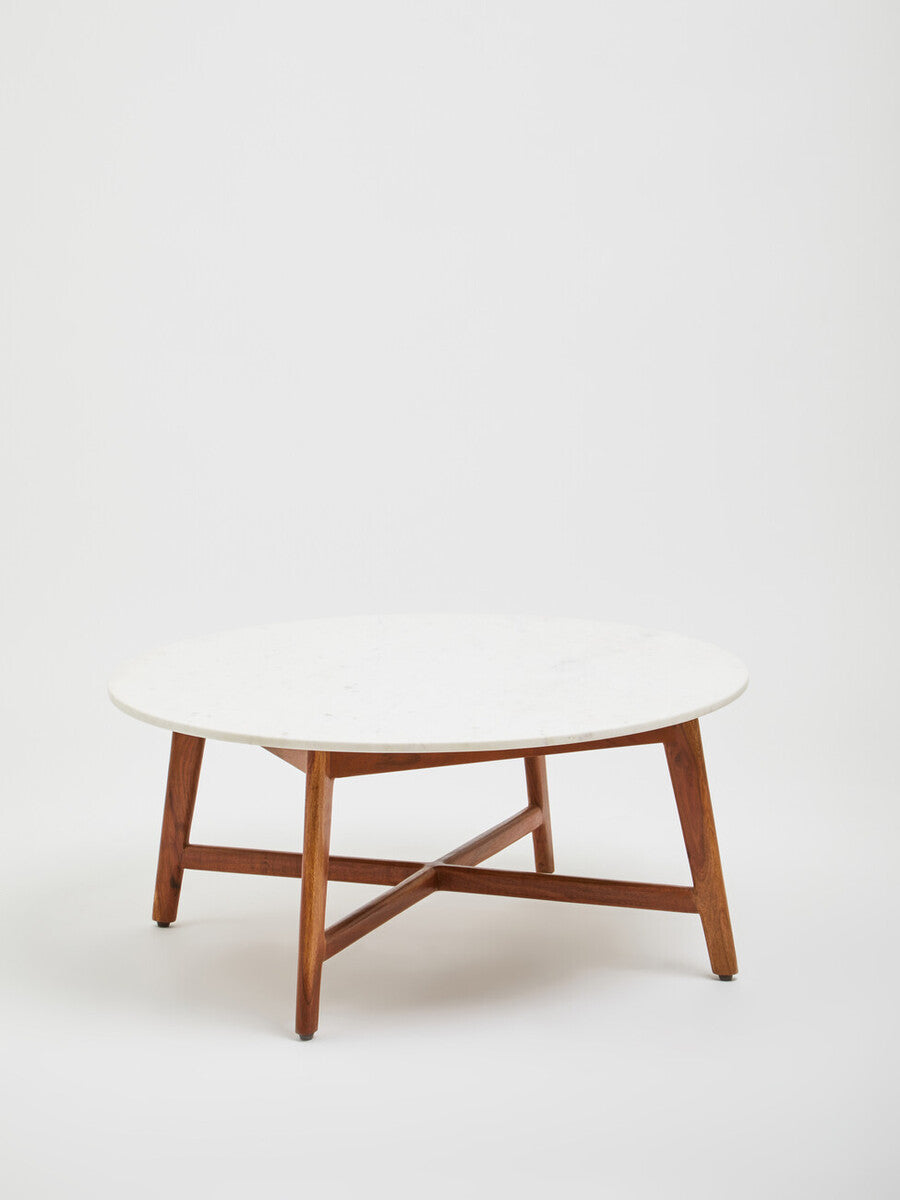 Myan Acacia Wood and  White Marble Coffee Table
