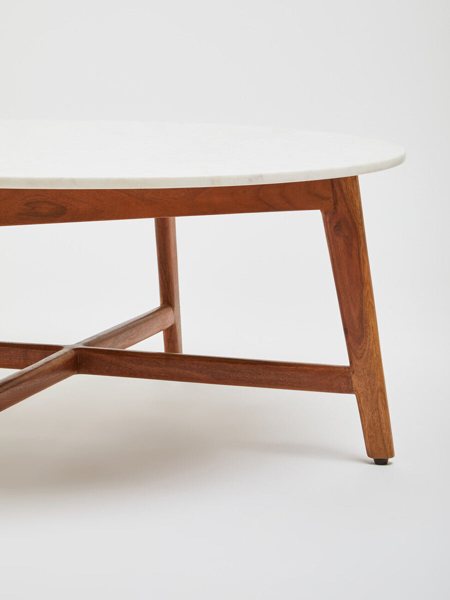 Myan Acacia Wood and  White Marble Coffee Table