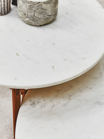 Myan Acacia Wood and  White Marble Coffee Table