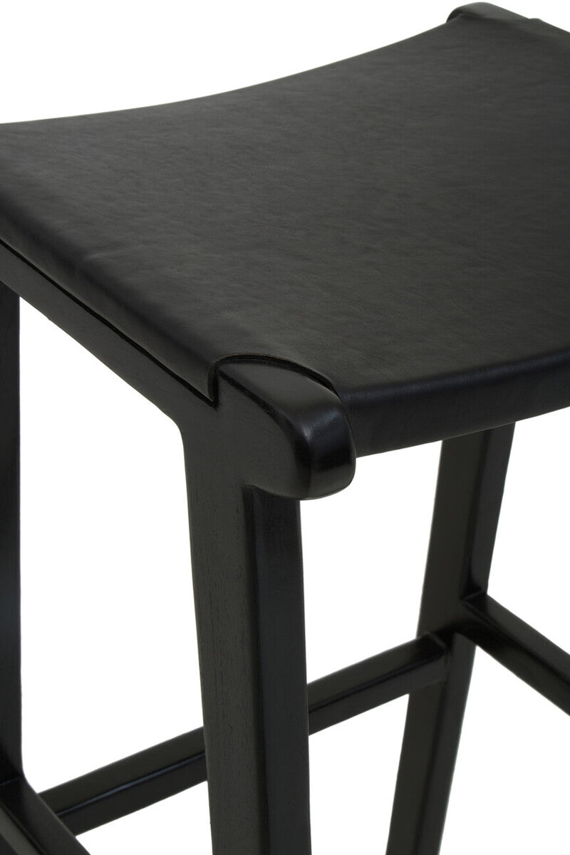 Kendari Black Leather and Teak Barstool