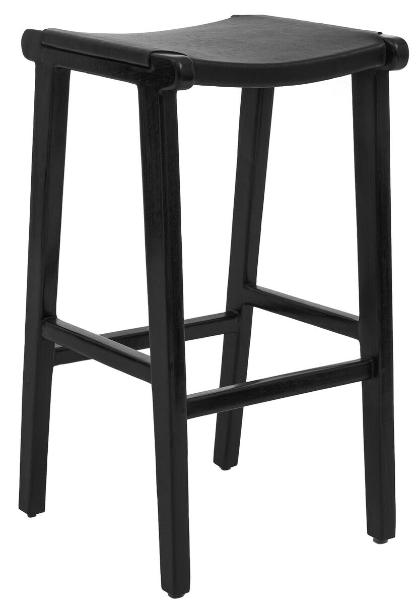 Kendari Black Leather and Teak Barstool