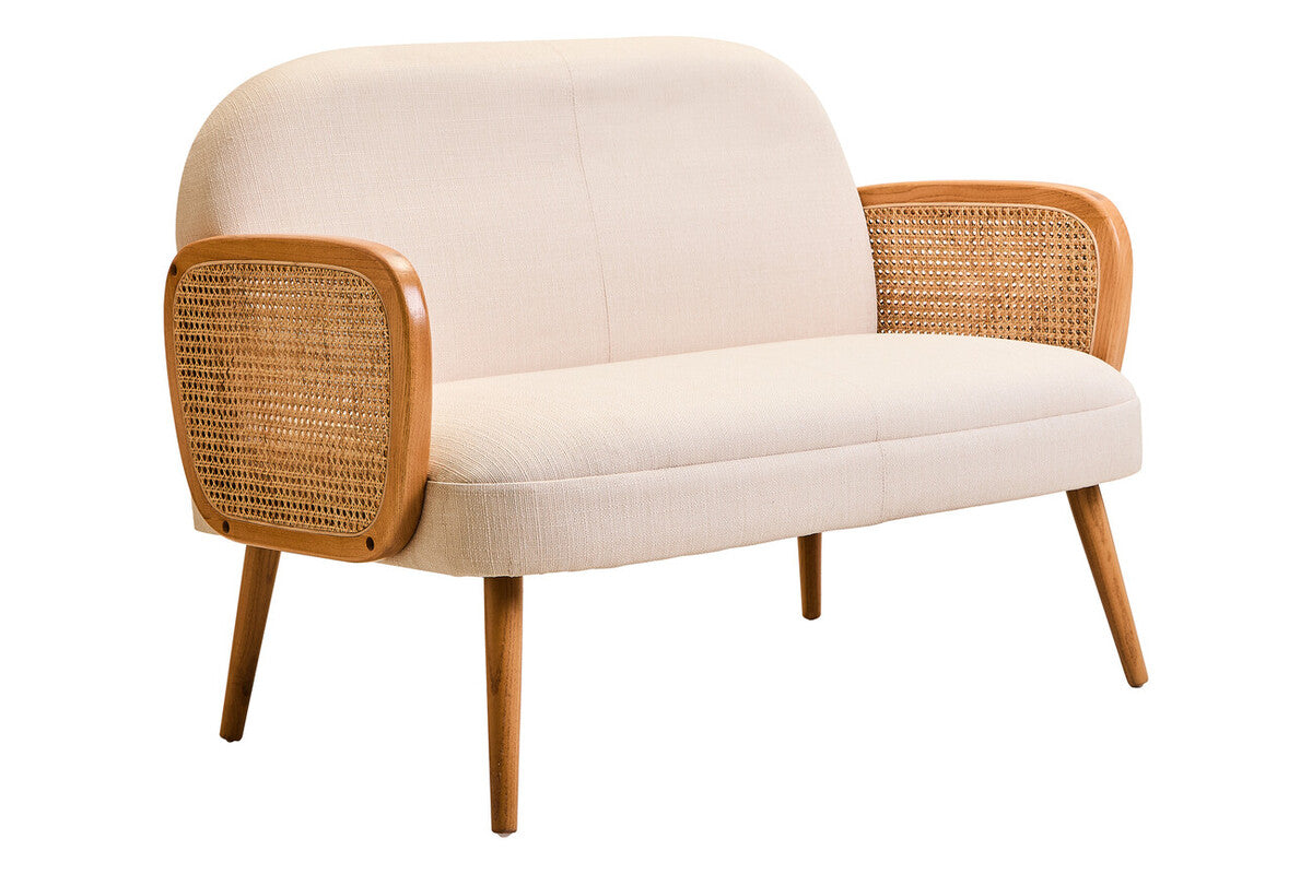 Cebu Ivory Fabric and Cane 2 Seat Sofa with Elm Wood Legs