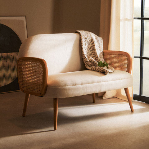 Cebu Ivory Fabric and Cane 2 Seat Sofa with Elm Wood Legs