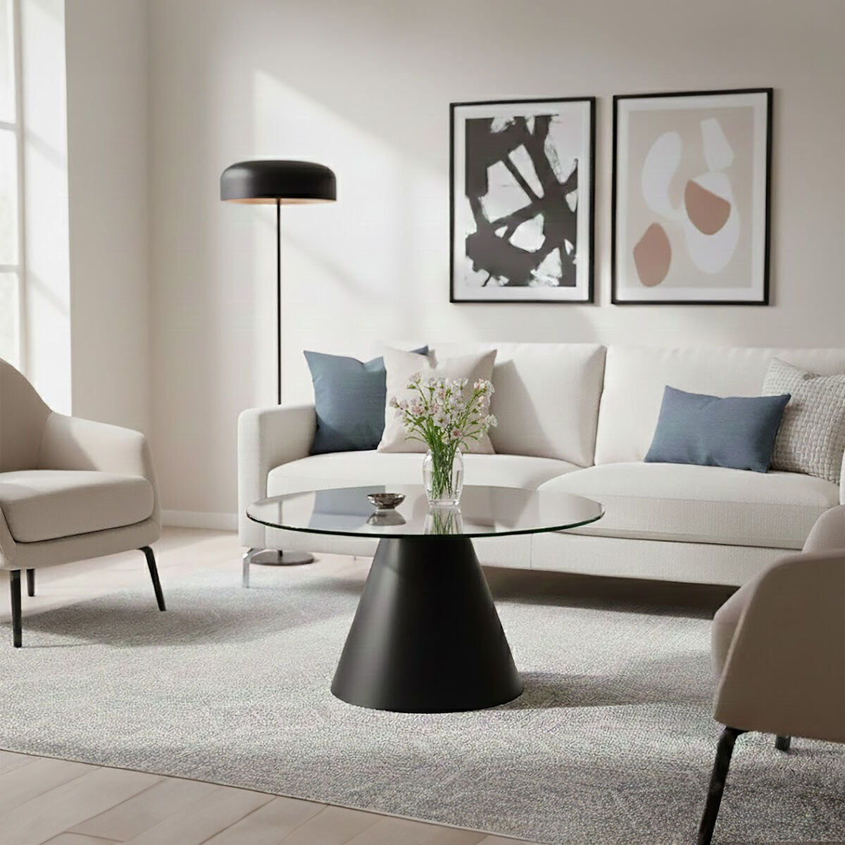 Clear Glass Round Top Coffee Table with Black Conical Metal Base, Azalea