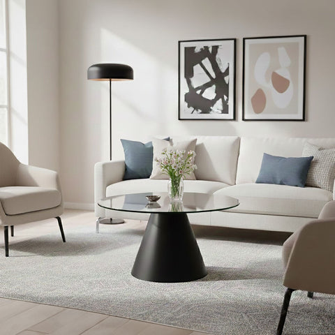 Clear Glass Round Top Coffee Table with Black Conical Metal Base, Azalea