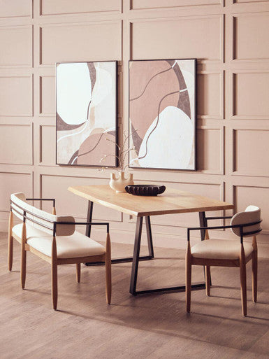 Persolo Cream Textured Fabric Dining Bench with Wood Frame