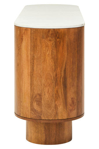 Torcino Mango Wood Carved Design Marble Top Three Door Sideboard