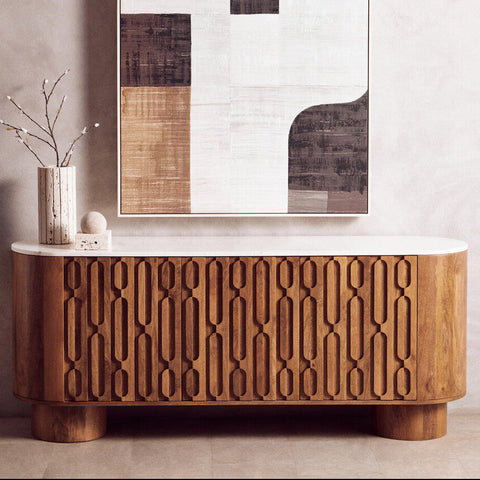 Torcino Mango Wood Carved Design Marble Top Three Door Sideboard