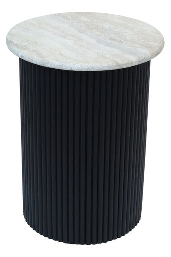 Walton Travertine Top Side Table with Black Acacia Wood Base