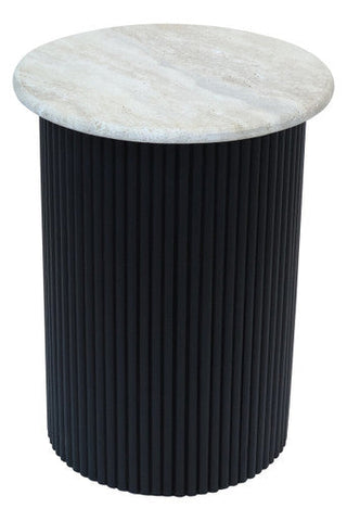Walton Travertine Top Side Table with Black Acacia Wood Base