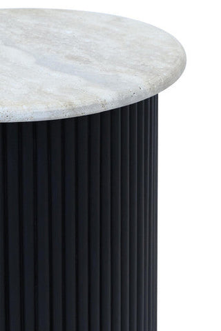 Walton Travertine Top Side Table with Black Acacia Wood Base