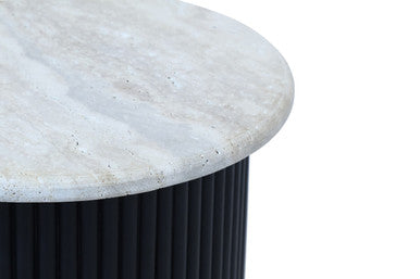 Walton Travertine Top Side Table with Black Acacia Wood Base