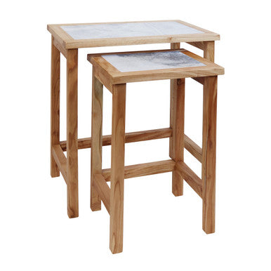 Womad Large Set Of 2 Wooden Side Tables With White Marble Tops