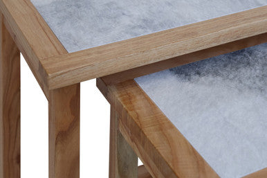 Womad Large Set Of 2 Wooden Side Tables With White Marble Tops