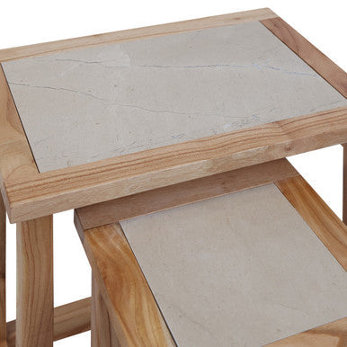 Womad Small Set Of 2 Wooden Side Tables With Cream Marble Tops