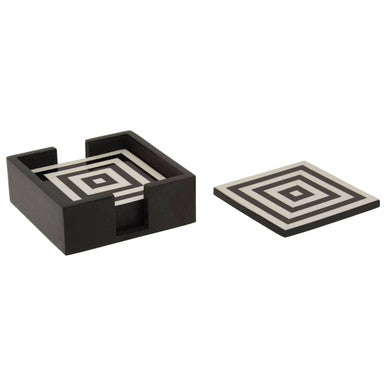 Donato Set of 4 Black and White Stripe Coasters with Holder