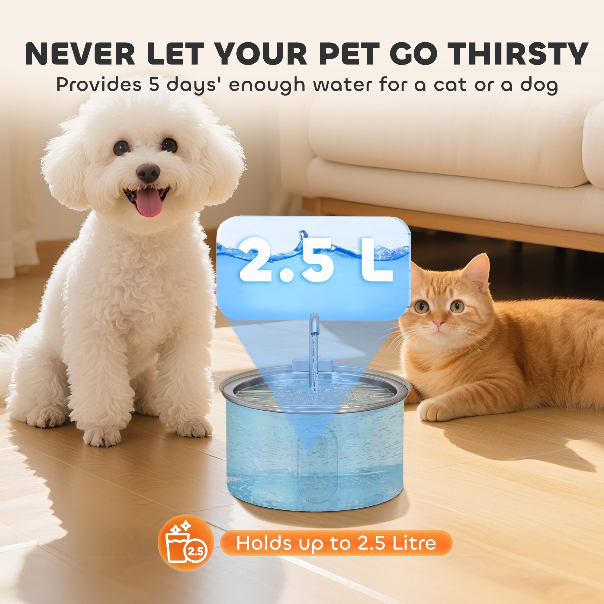 PawHut 2.5L Stainless Steel Cat Water Fountain for Drinking with Ultra-Silent Pump, Water-Level Window, Filters