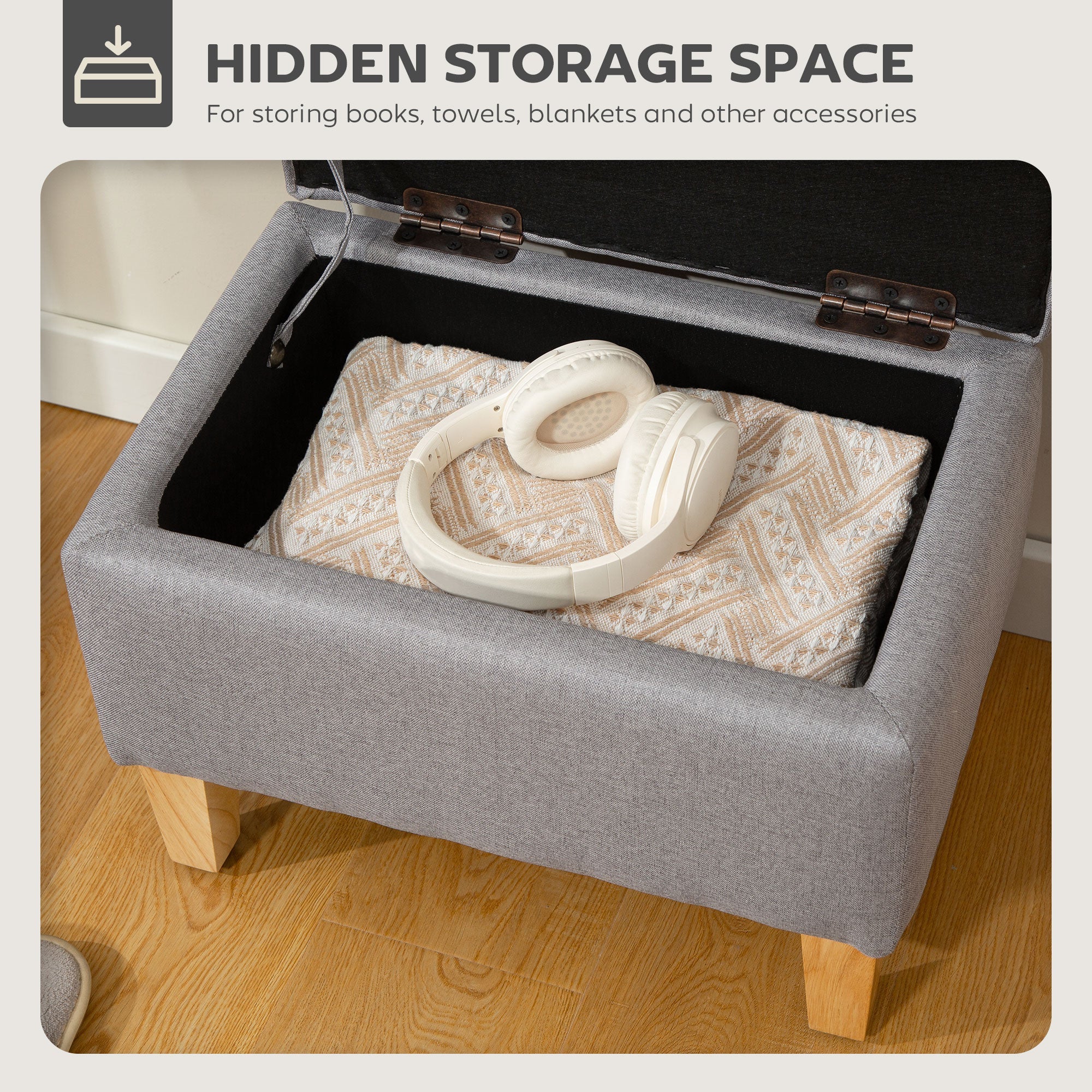 HOMCOM 16L Linen Storage Ottoman Padded Footstool with Rubberwood Legs for Storage Box, Bed End, Shoe Bench, Seating, Light Grey