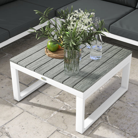 Outsunny 4 Pieces Patio Garden Set with 5-Level Recline Corner Sofa, Outdoor Garden Lounge Sectional Conversation Sofa Set with Cushions, Wood Grain Plastic Table, White  Frame Grey Cushion