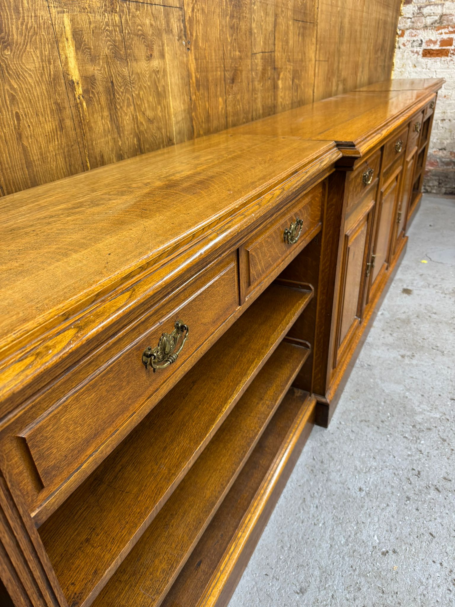 Victorian Solid Oak Breakfront Library Bookcase, TV Stand, Sideboard Display